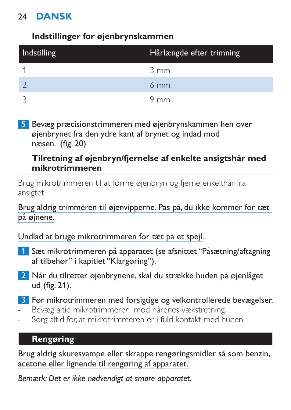 Indstillinger for øjenbrynskammen, Rengøring | Philips Body Perfect Bikini-Trimmer User Manual | Page 24 / 104