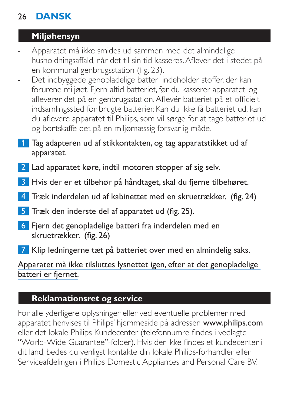 Miljøhensyn, Reklamationsret og service | Philips Body Perfect Bikini-Trimmer User Manual | Page 26 / 104