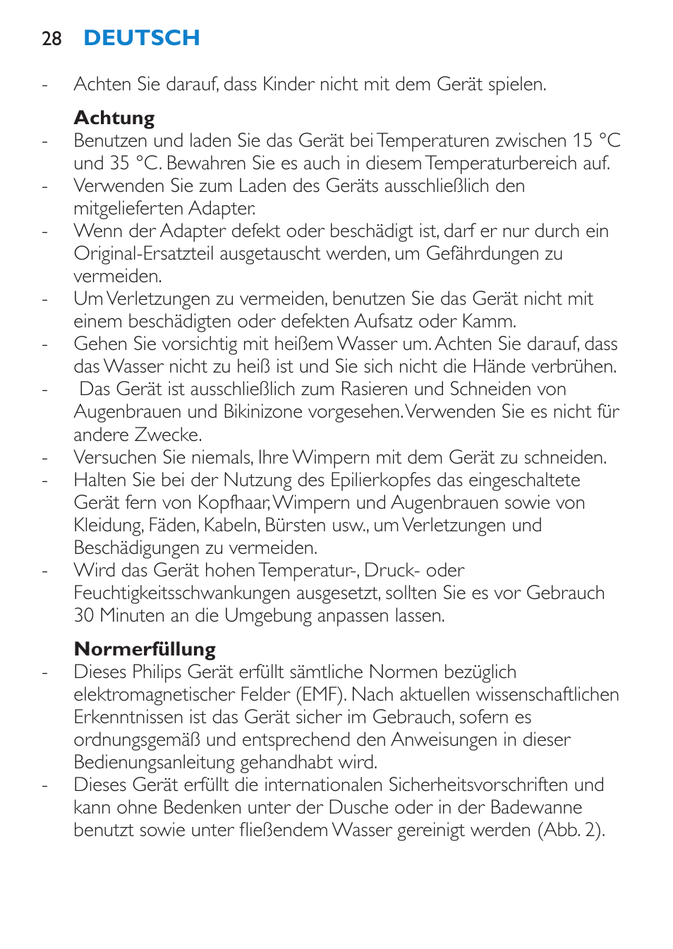 Achtung, Normerfüllung | Philips Body Perfect Bikini-Trimmer User Manual | Page 28 / 104