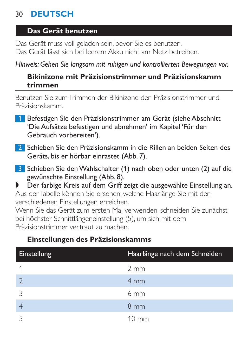 Das gerät benutzen, Einstellungen des präzisionskamms | Philips Body Perfect Bikini-Trimmer User Manual | Page 30 / 104