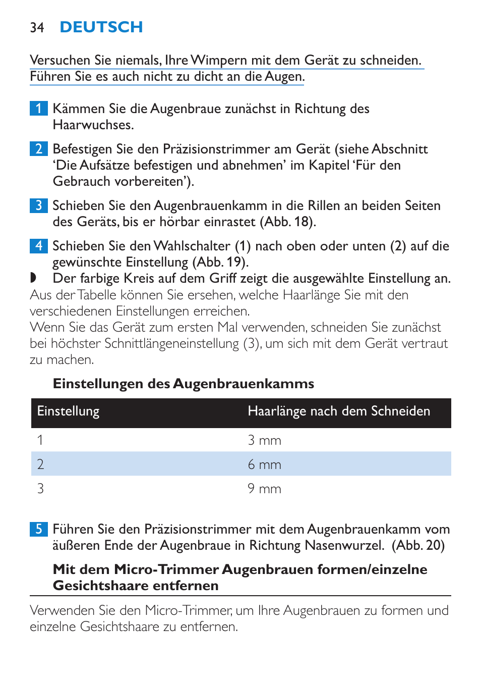 Einstellungen des augenbrauenkamms | Philips Body Perfect Bikini-Trimmer User Manual | Page 34 / 104