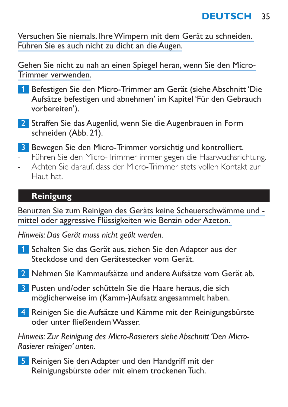 Reinigung | Philips Body Perfect Bikini-Trimmer User Manual | Page 35 / 104