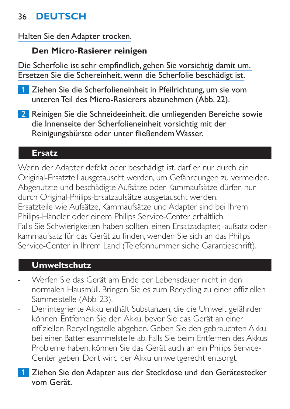 Den micro-rasierer reinigen, Ersatz, Umweltschutz | Philips Body Perfect Bikini-Trimmer User Manual | Page 36 / 104