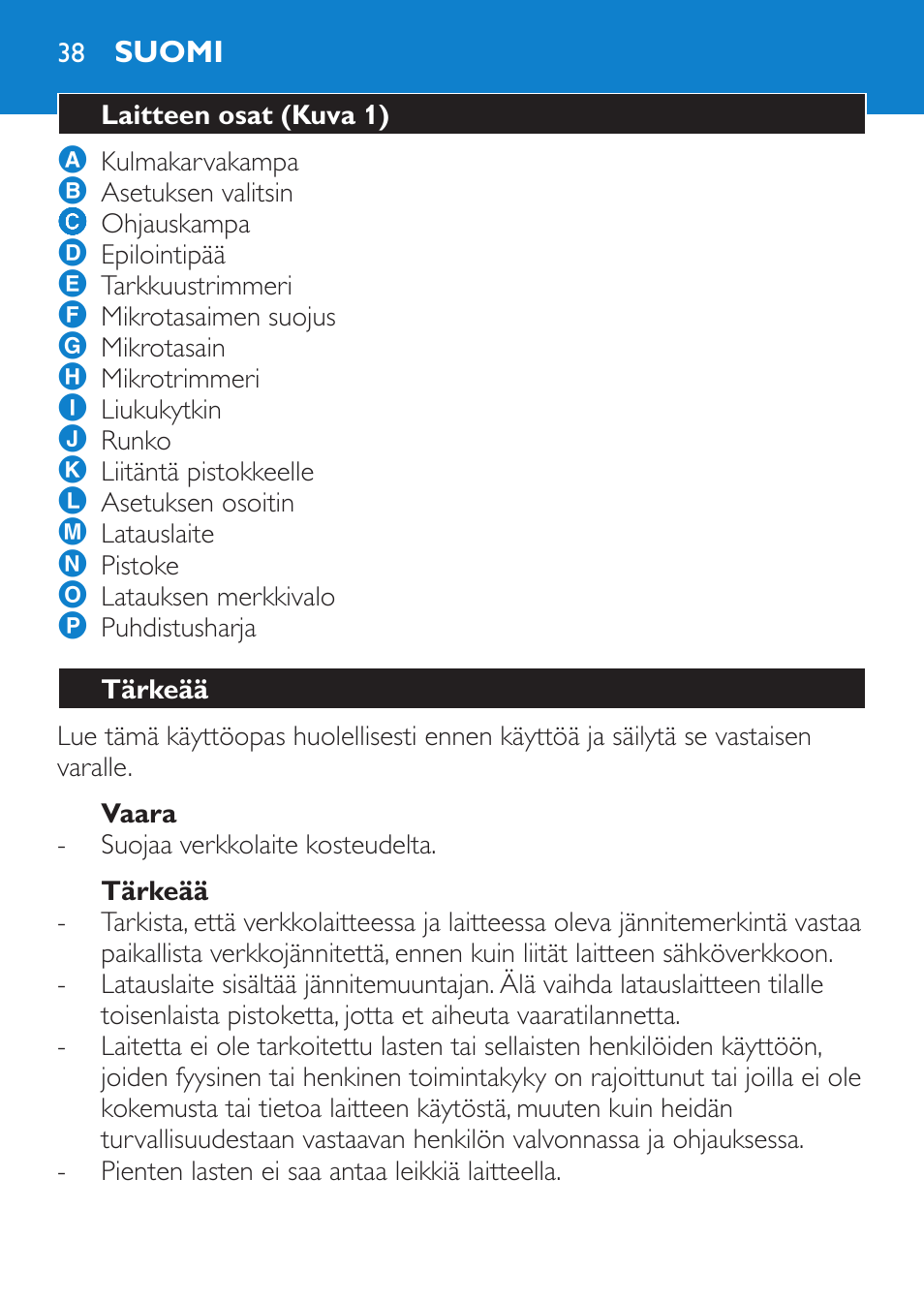 Vaara, Tärkeää, Suomi | Laitteen osat (kuva 1) | Philips Body Perfect Bikini-Trimmer User Manual | Page 38 / 104