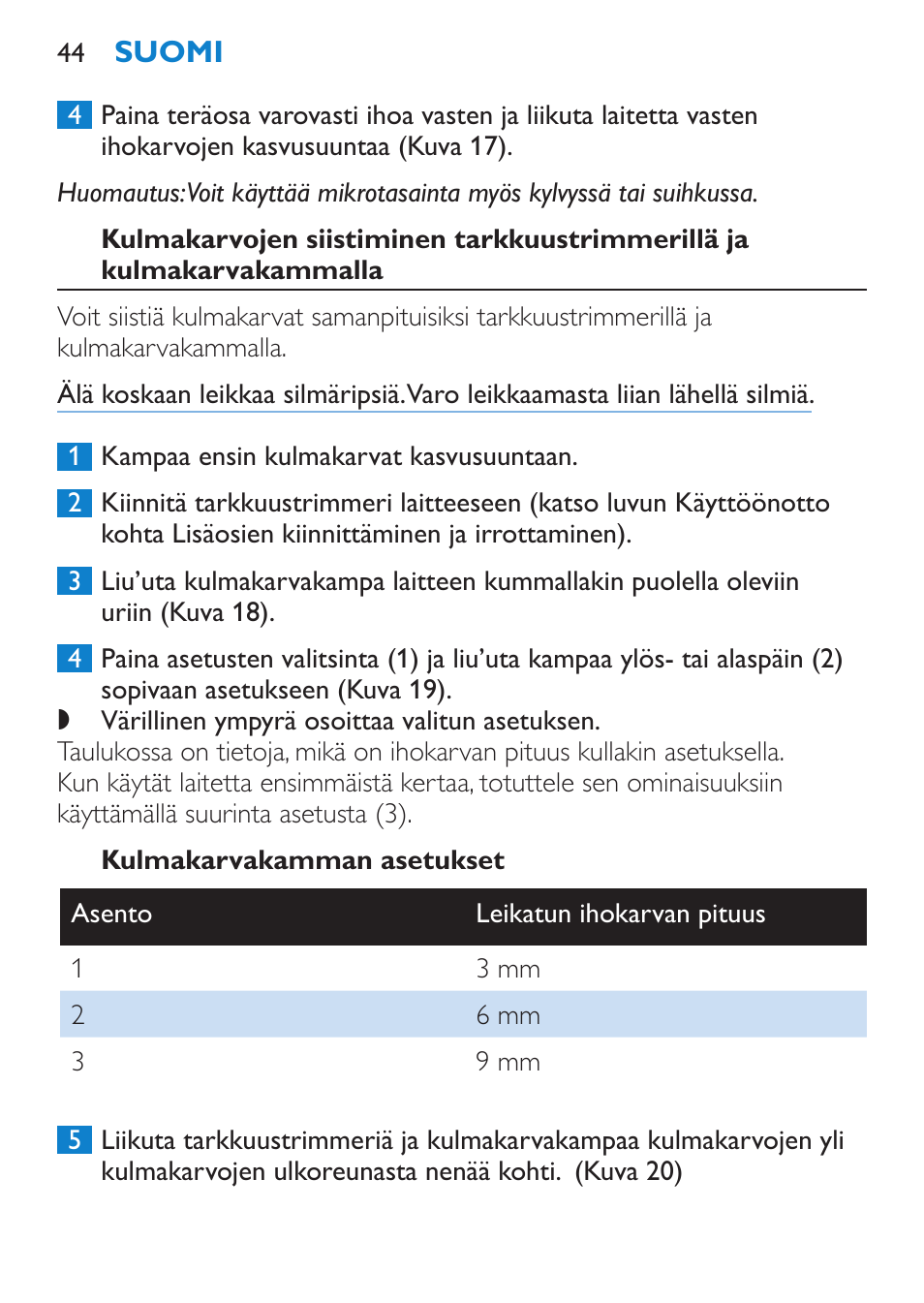 Kulmakarvakamman asetukset | Philips Body Perfect Bikini-Trimmer User Manual | Page 44 / 104