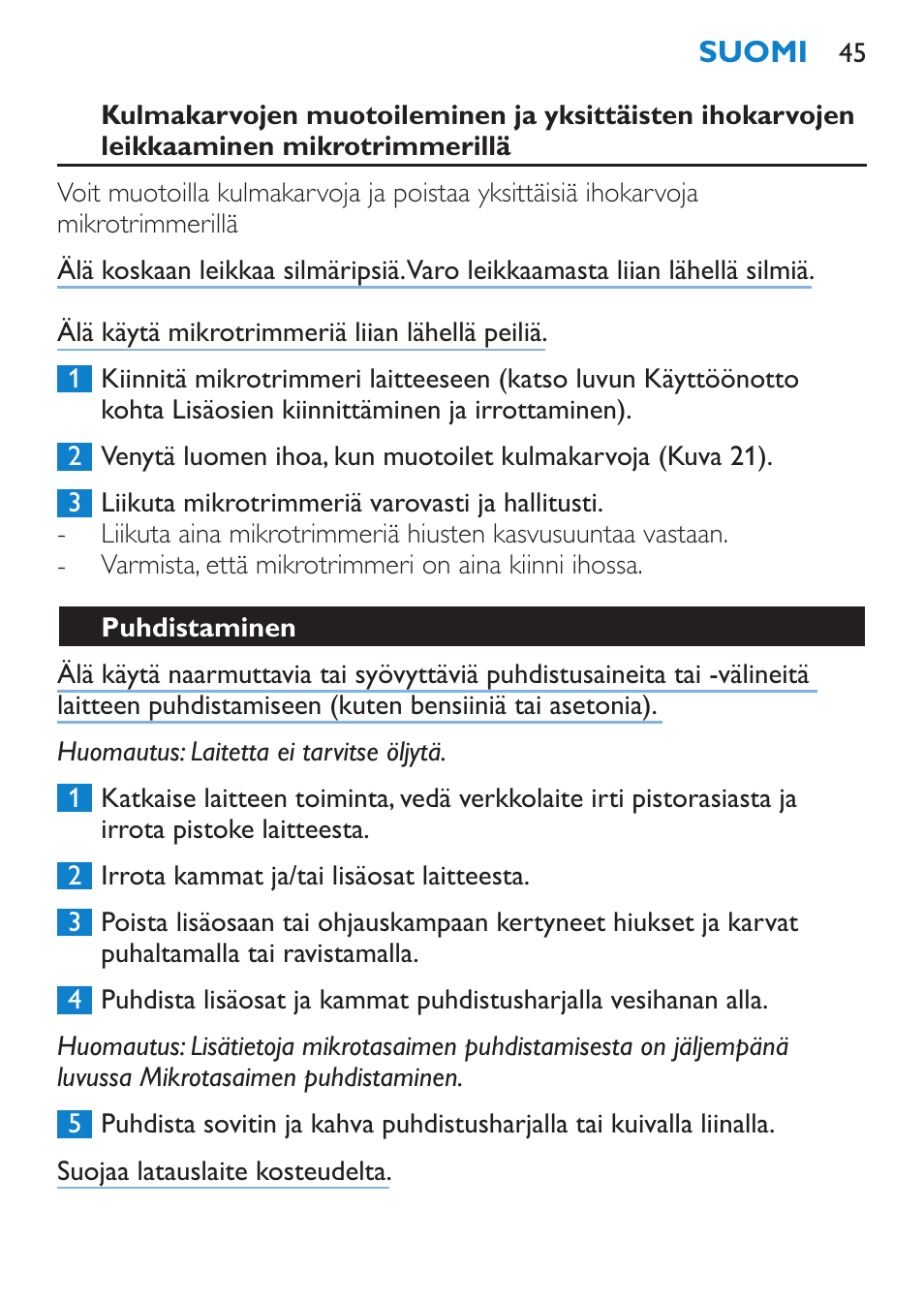 Puhdistaminen | Philips Body Perfect Bikini-Trimmer User Manual | Page 45 / 104