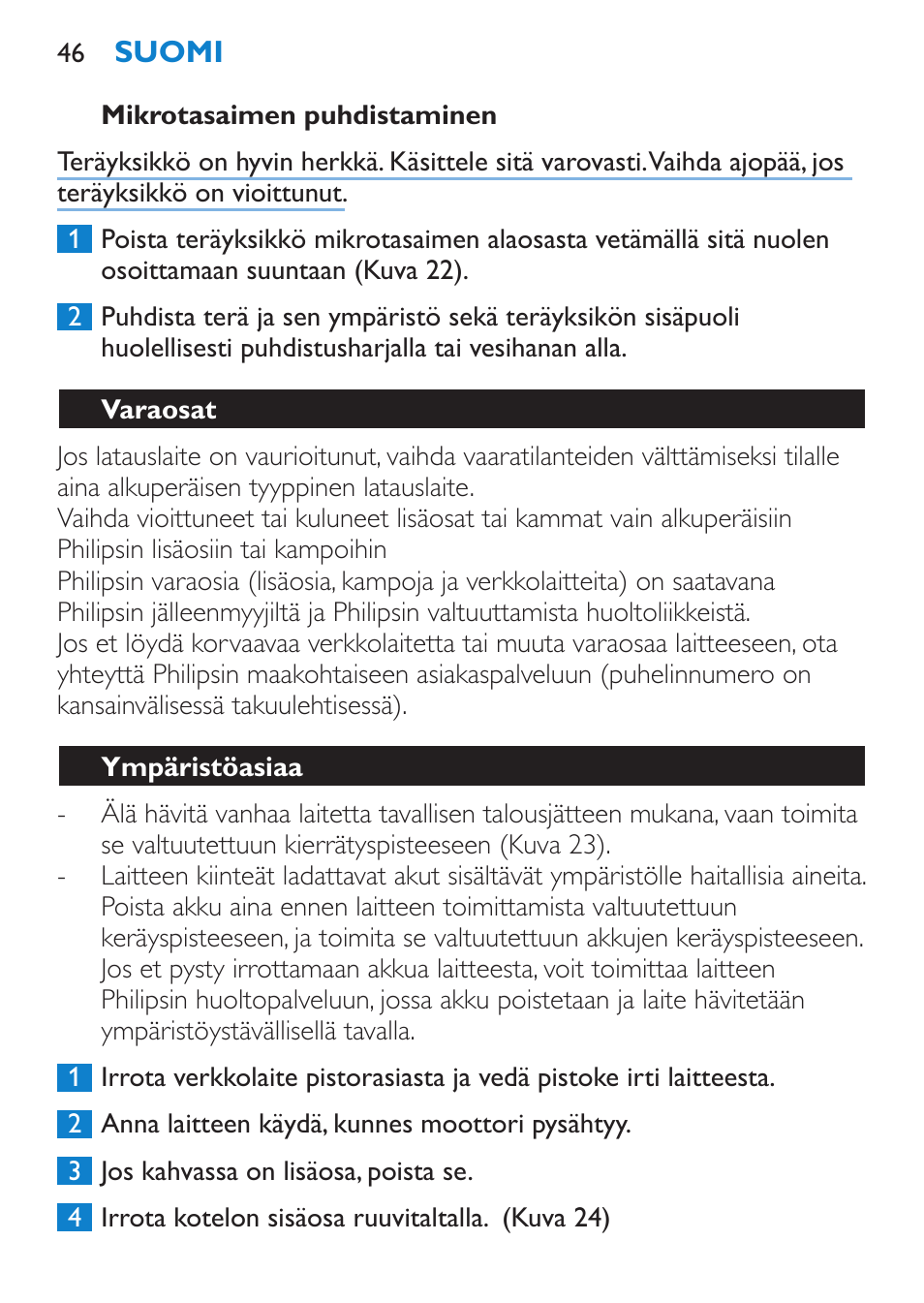 Mikrotasaimen puhdistaminen, Varaosat, Ympäristöasiaa | Philips Body Perfect Bikini-Trimmer User Manual | Page 46 / 104