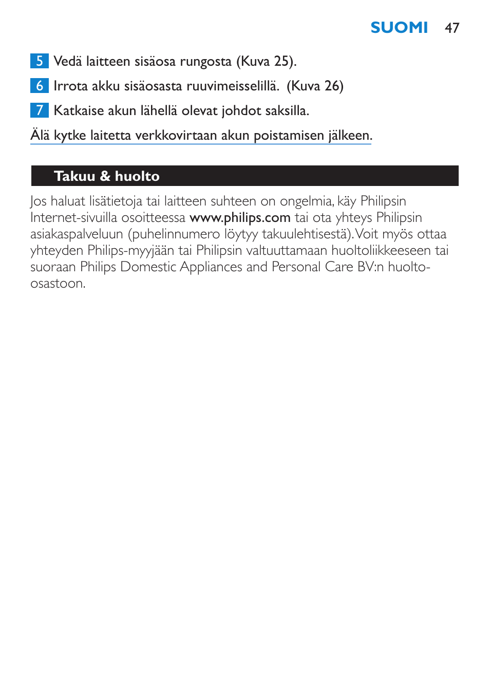 Takuu & huolto | Philips Body Perfect Bikini-Trimmer User Manual | Page 47 / 104