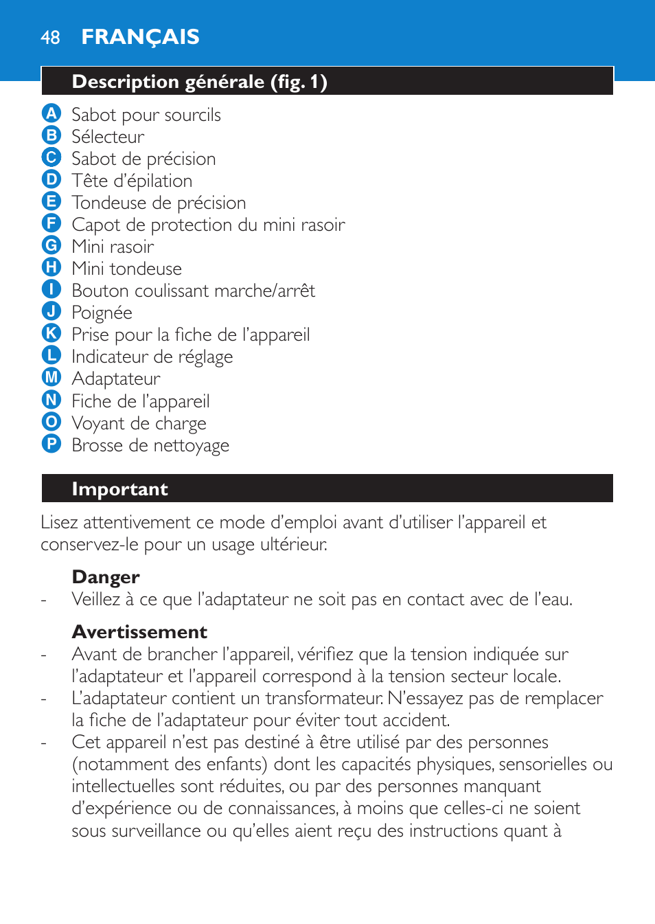 Danger, Avertissement, Français | Description générale (fig. 1), Important | Philips Body Perfect Bikini-Trimmer User Manual | Page 48 / 104