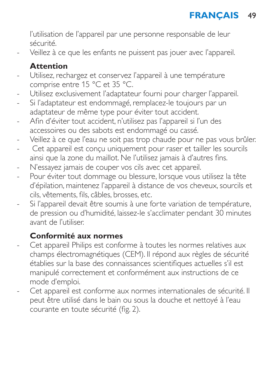 Attention, Conformité aux normes | Philips Body Perfect Bikini-Trimmer User Manual | Page 49 / 104