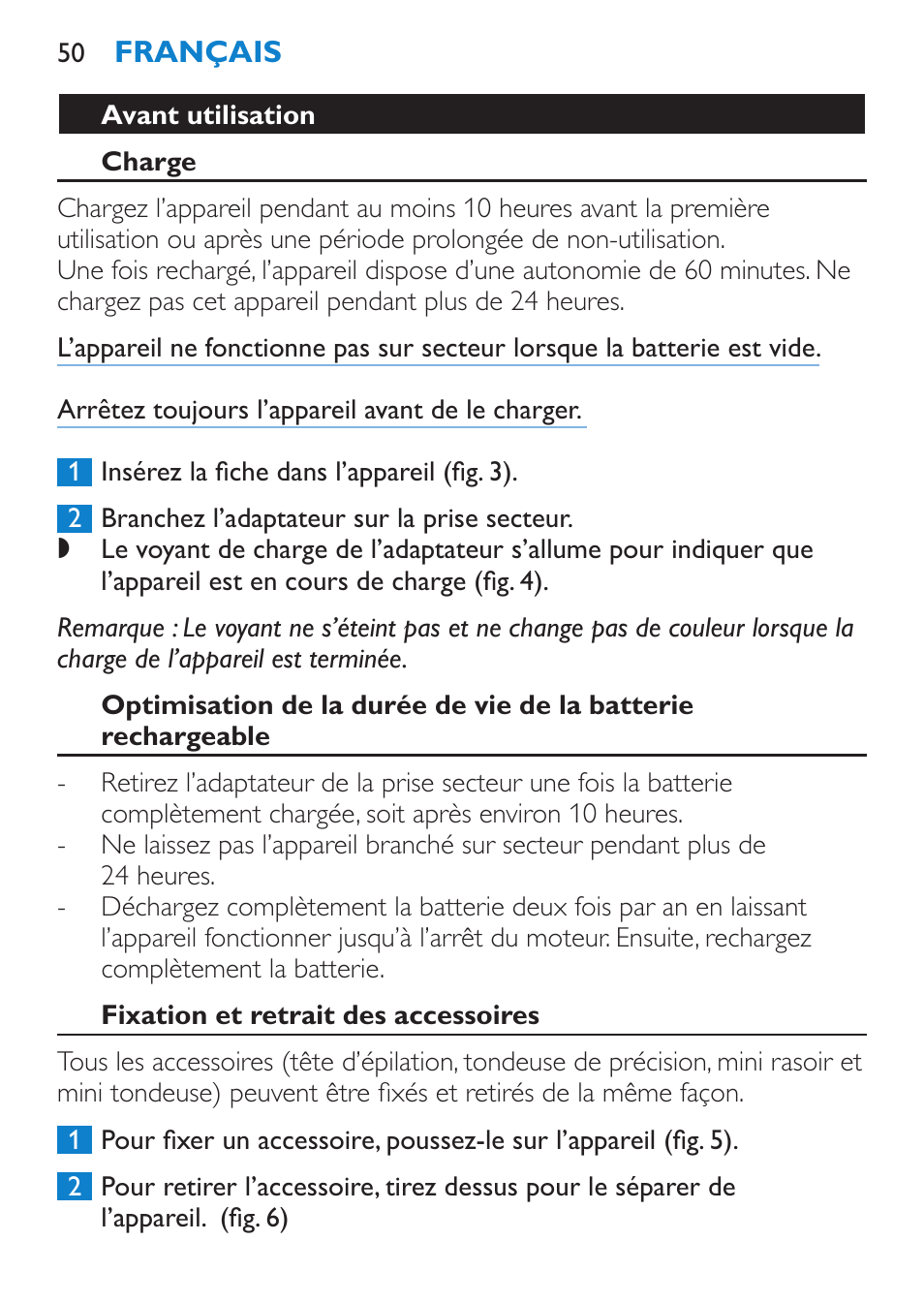 Avant utilisation, Charge, Fixation et retrait des accessoires | Philips Body Perfect Bikini-Trimmer User Manual | Page 50 / 104