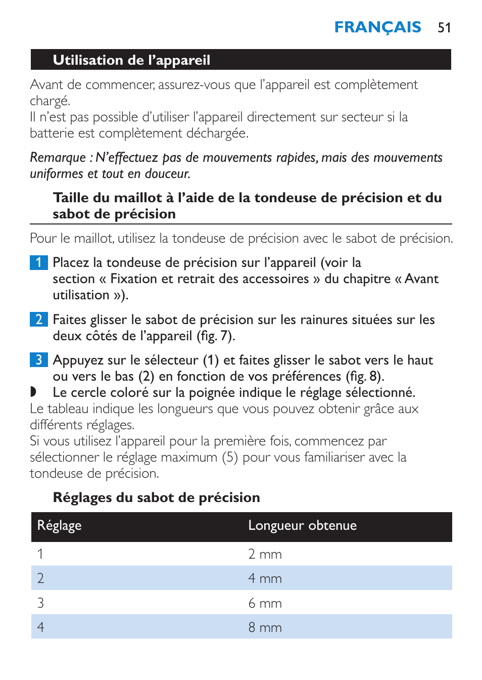 Utilisation de l’appareil, Réglages du sabot de précision | Philips Body Perfect Bikini-Trimmer User Manual | Page 51 / 104