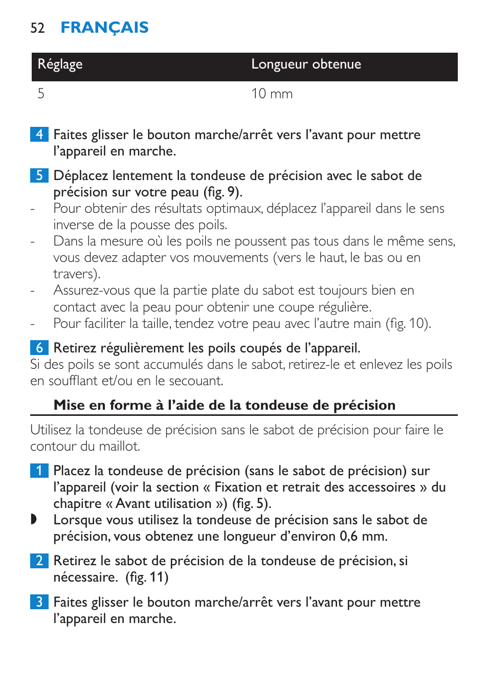 Mise en forme à l’aide de la tondeuse de précision | Philips Body Perfect Bikini-Trimmer User Manual | Page 52 / 104