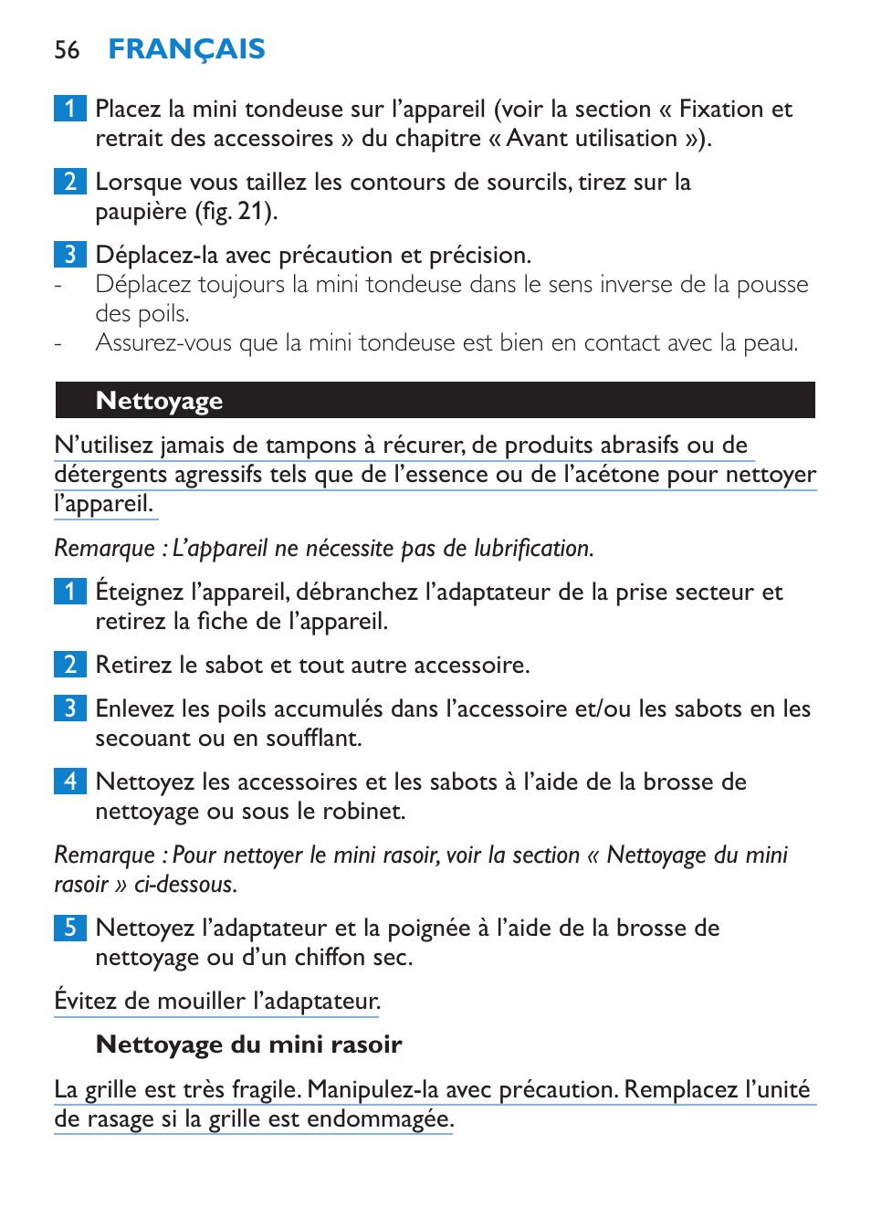 Nettoyage du mini rasoir, Nettoyage | Philips Body Perfect Bikini-Trimmer User Manual | Page 56 / 104