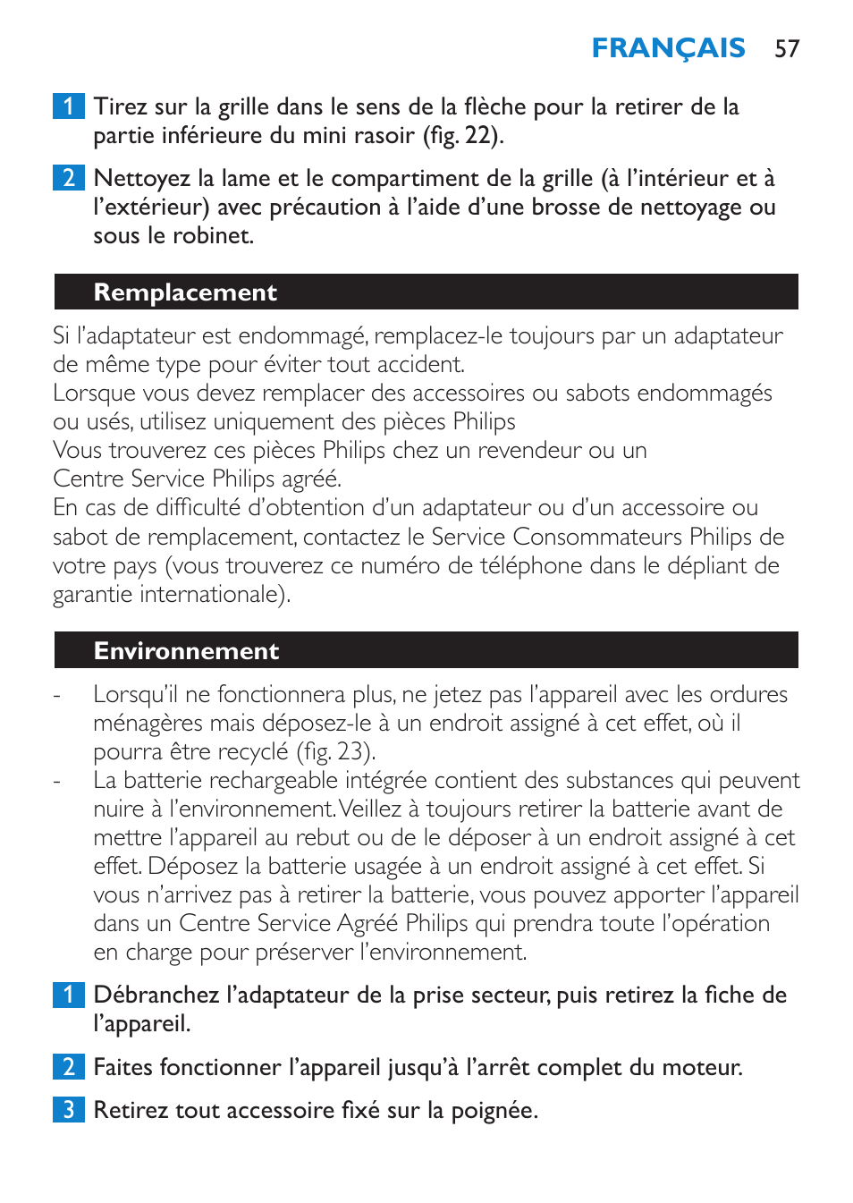 Remplacement, Environnement | Philips Body Perfect Bikini-Trimmer User Manual | Page 57 / 104