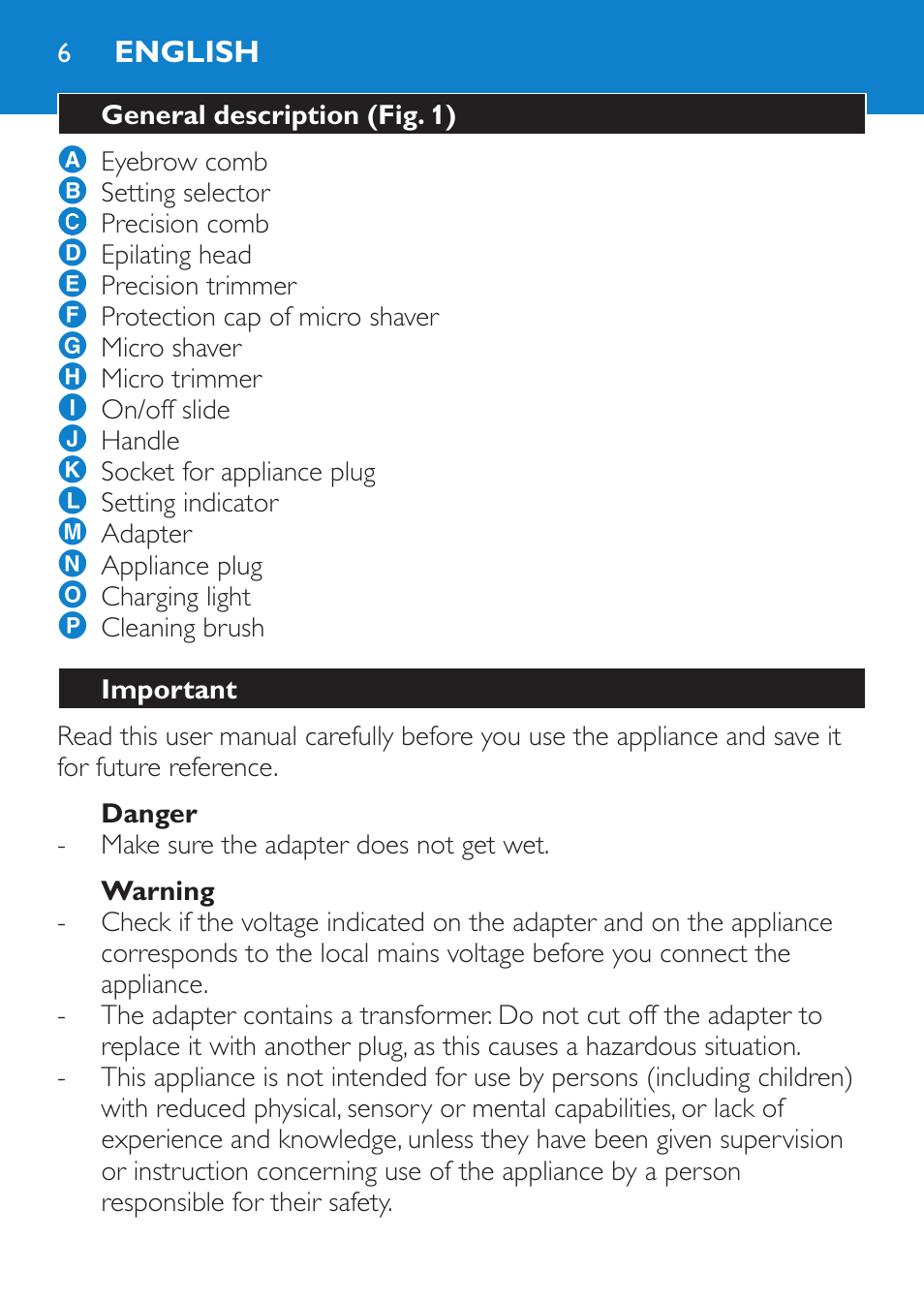 English, General description (fig. 1), Important | Danger, Warning | Philips Body Perfect Bikini-Trimmer User Manual | Page 6 / 104