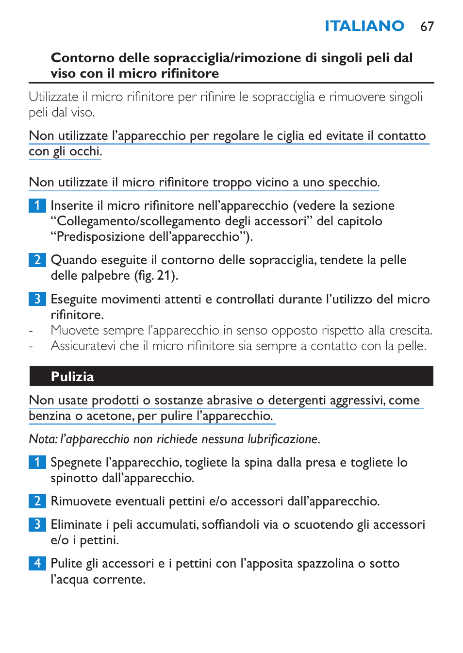 Pulizia | Philips Body Perfect Bikini-Trimmer User Manual | Page 67 / 104