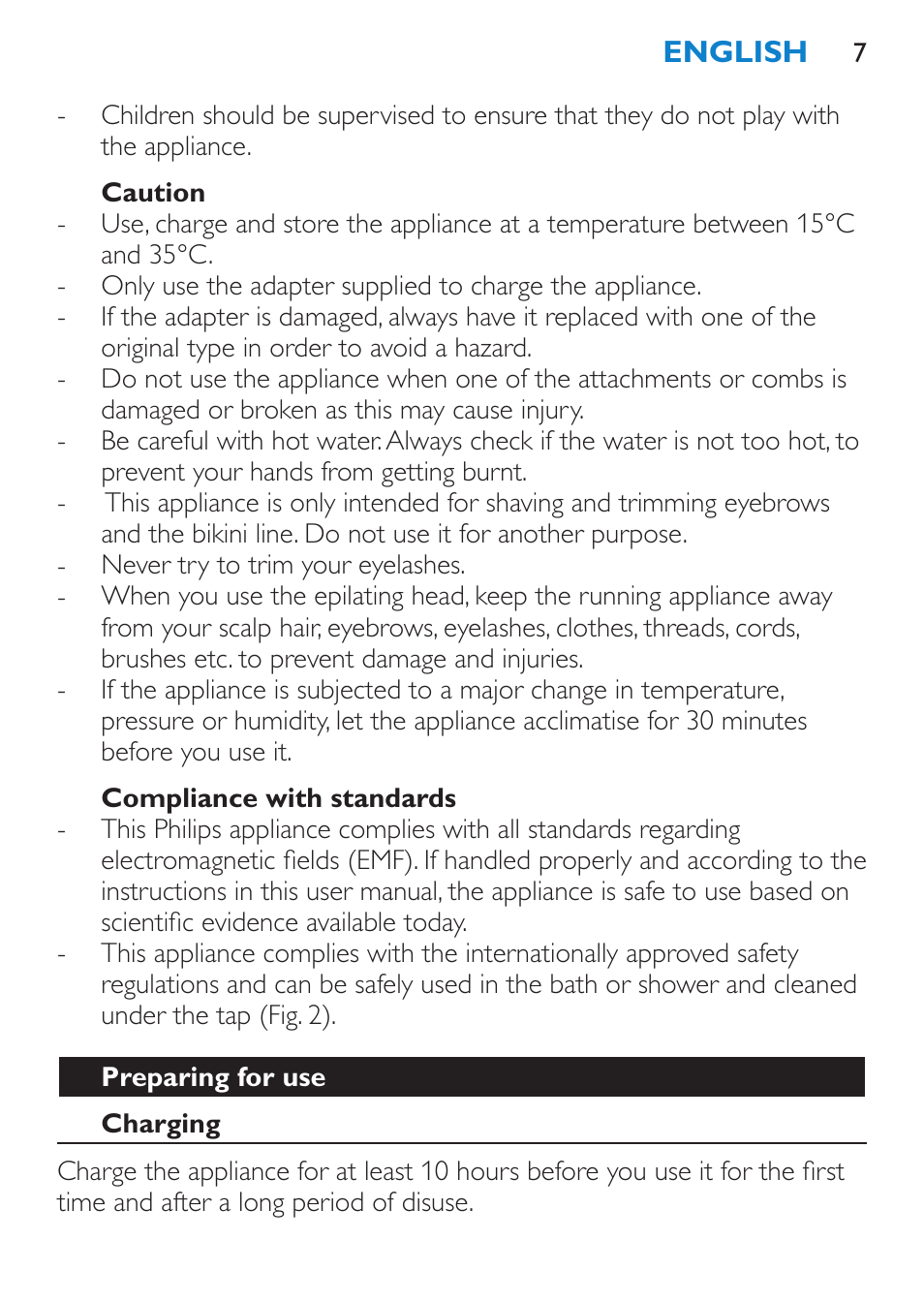 Caution, Compliance with standards, Preparing for use | Charging | Philips Body Perfect Bikini-Trimmer User Manual | Page 7 / 104