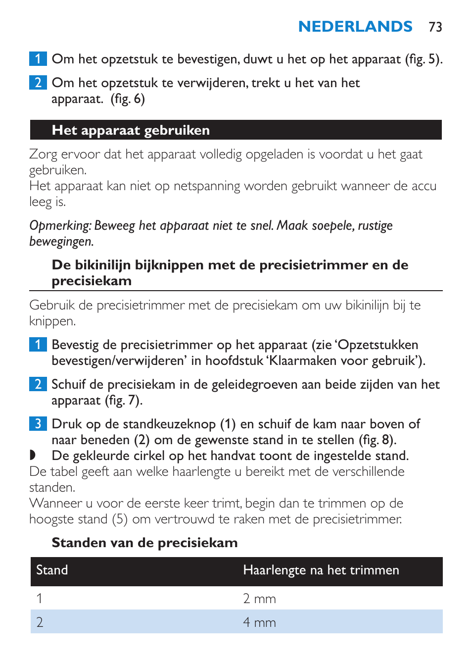 Het apparaat gebruiken, Standen van de precisiekam | Philips Body Perfect Bikini-Trimmer User Manual | Page 73 / 104