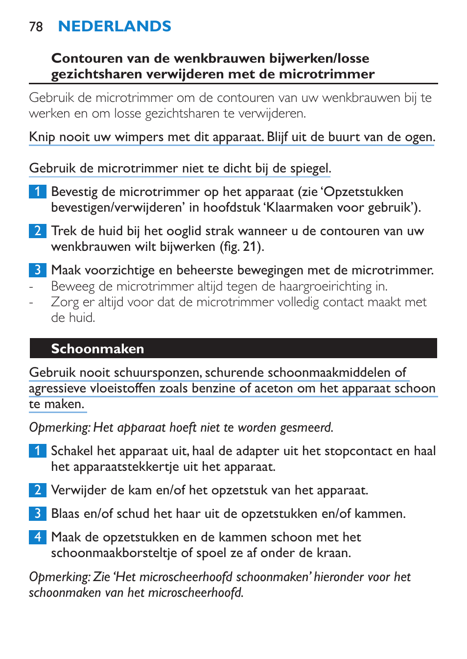 Schoonmaken | Philips Body Perfect Bikini-Trimmer User Manual | Page 78 / 104