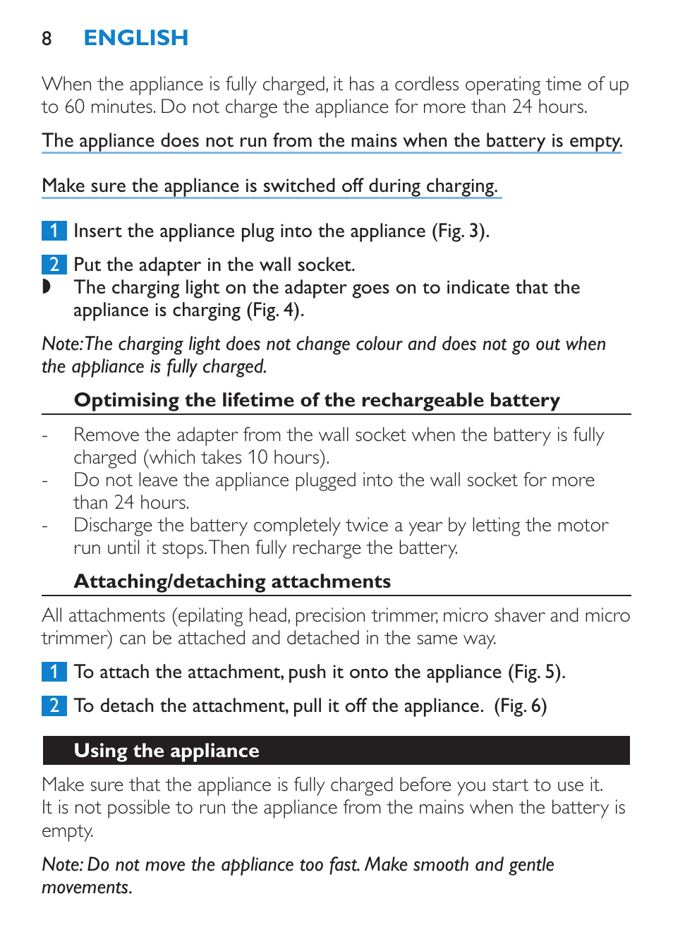 Attaching/detaching attachments, Using the appliance | Philips Body Perfect Bikini-Trimmer User Manual | Page 8 / 104