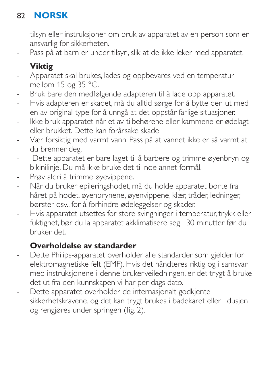 Viktig, Overholdelse av standarder | Philips Body Perfect Bikini-Trimmer User Manual | Page 82 / 104