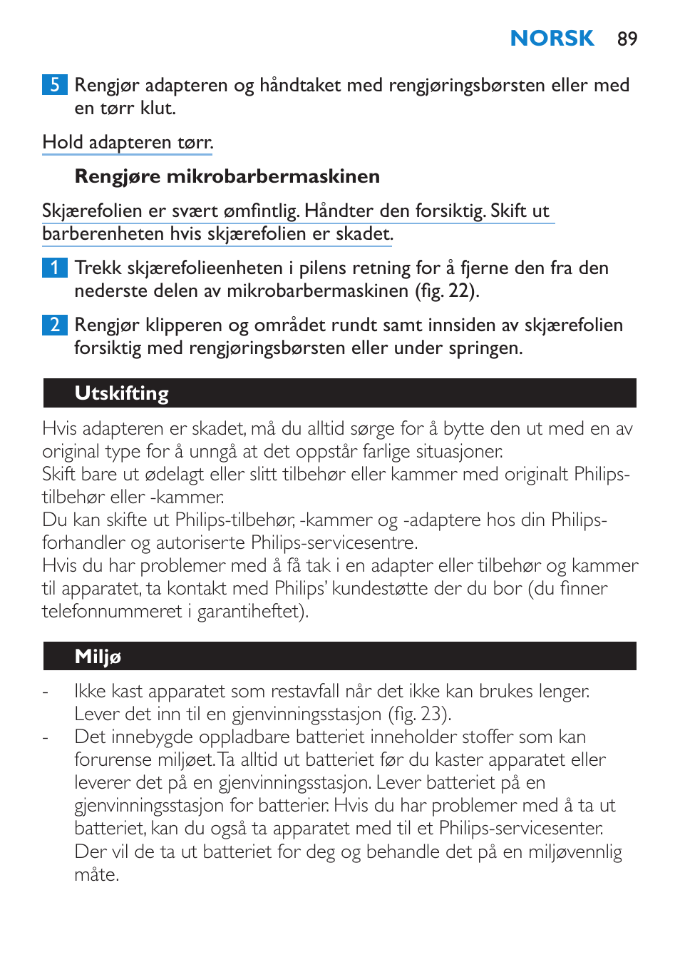 Rengjøre mikrobarbermaskinen, Utskifting, Miljø | Philips Body Perfect Bikini-Trimmer User Manual | Page 89 / 104