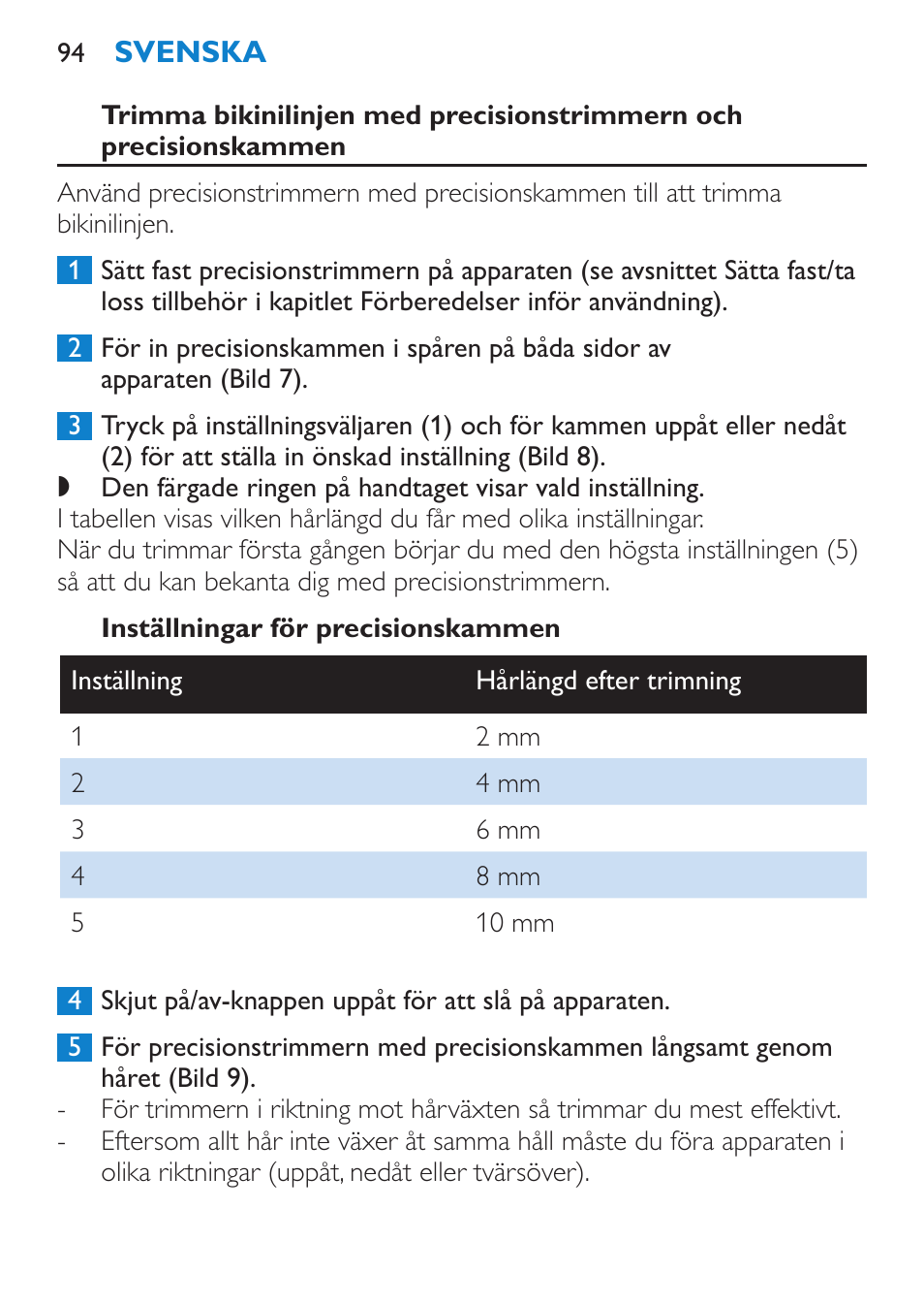 Inställningar för precisionskammen | Philips Body Perfect Bikini-Trimmer User Manual | Page 94 / 104