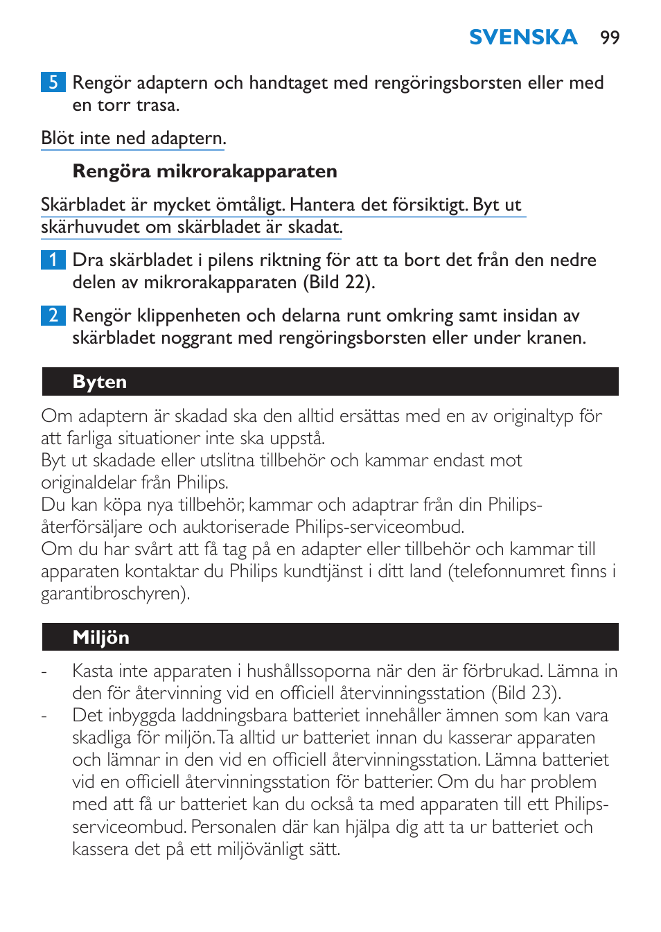 Rengöra mikrorakapparaten, Byten, Miljön | Philips Body Perfect Bikini-Trimmer User Manual | Page 99 / 104