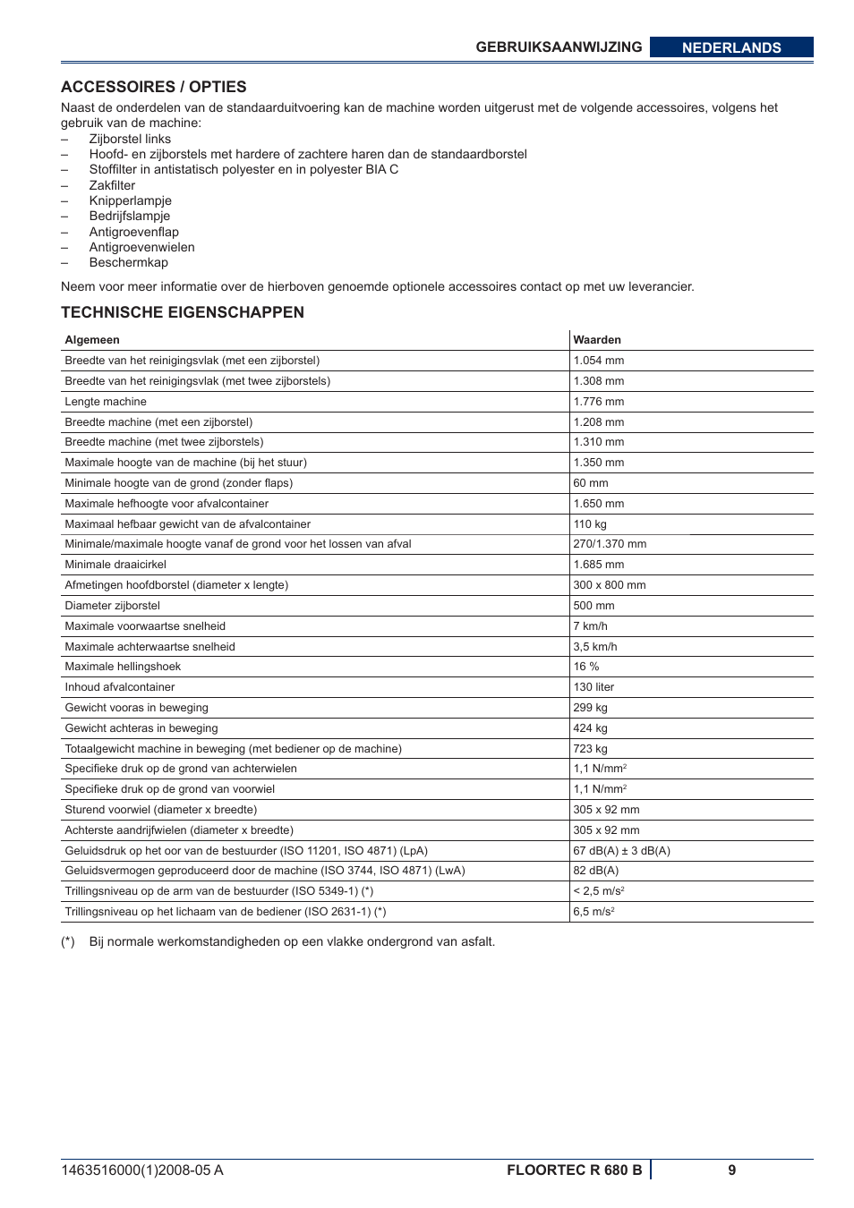 Accessoires / opties, Technische eigenschappen | Nilfisk-ALTO R 680 B User Manual | Page 101 / 124