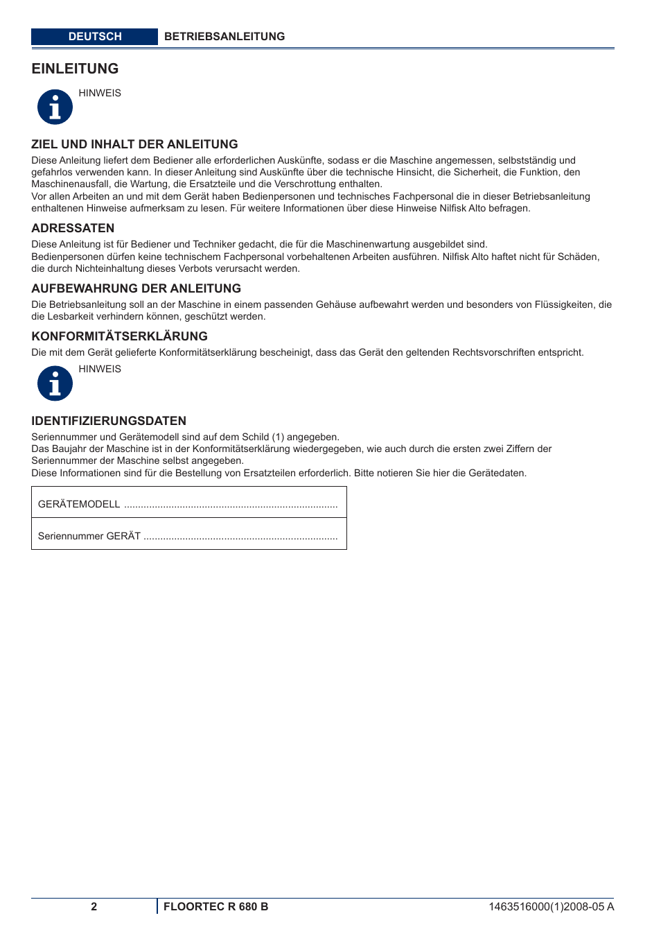 Einleitung | Nilfisk-ALTO R 680 B User Manual | Page 4 / 124