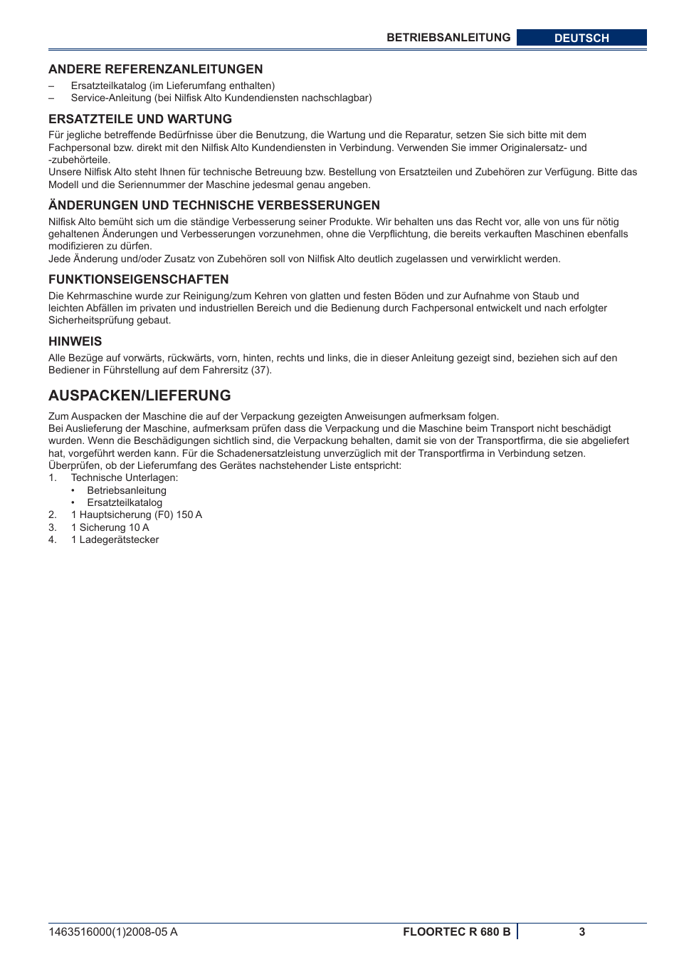 Auspacken/lieferung | Nilfisk-ALTO R 680 B User Manual | Page 5 / 124