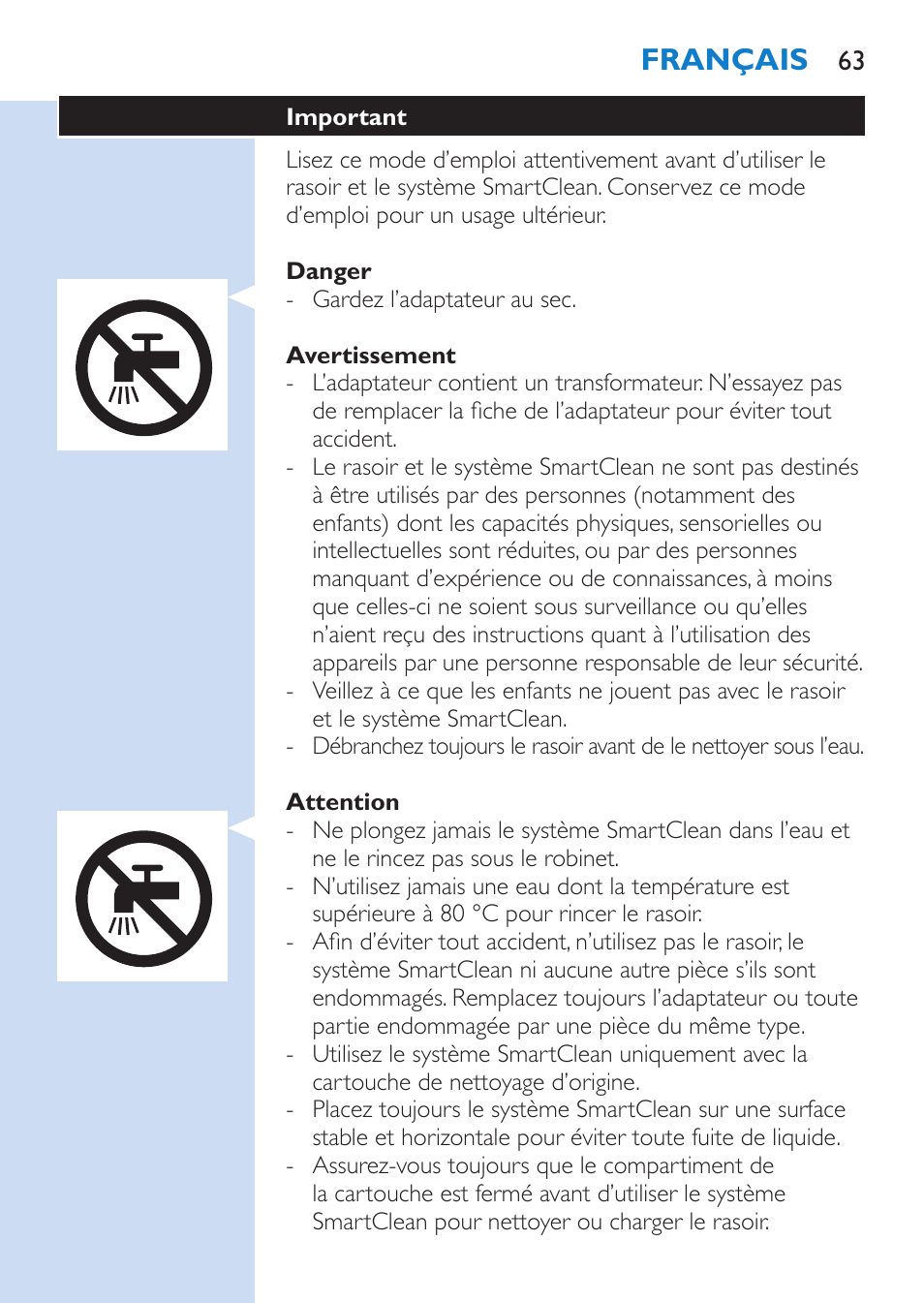 Français | Philips SHAVER Series 9000 Nass- und Trockenrasierer User Manual | Page 63 / 158