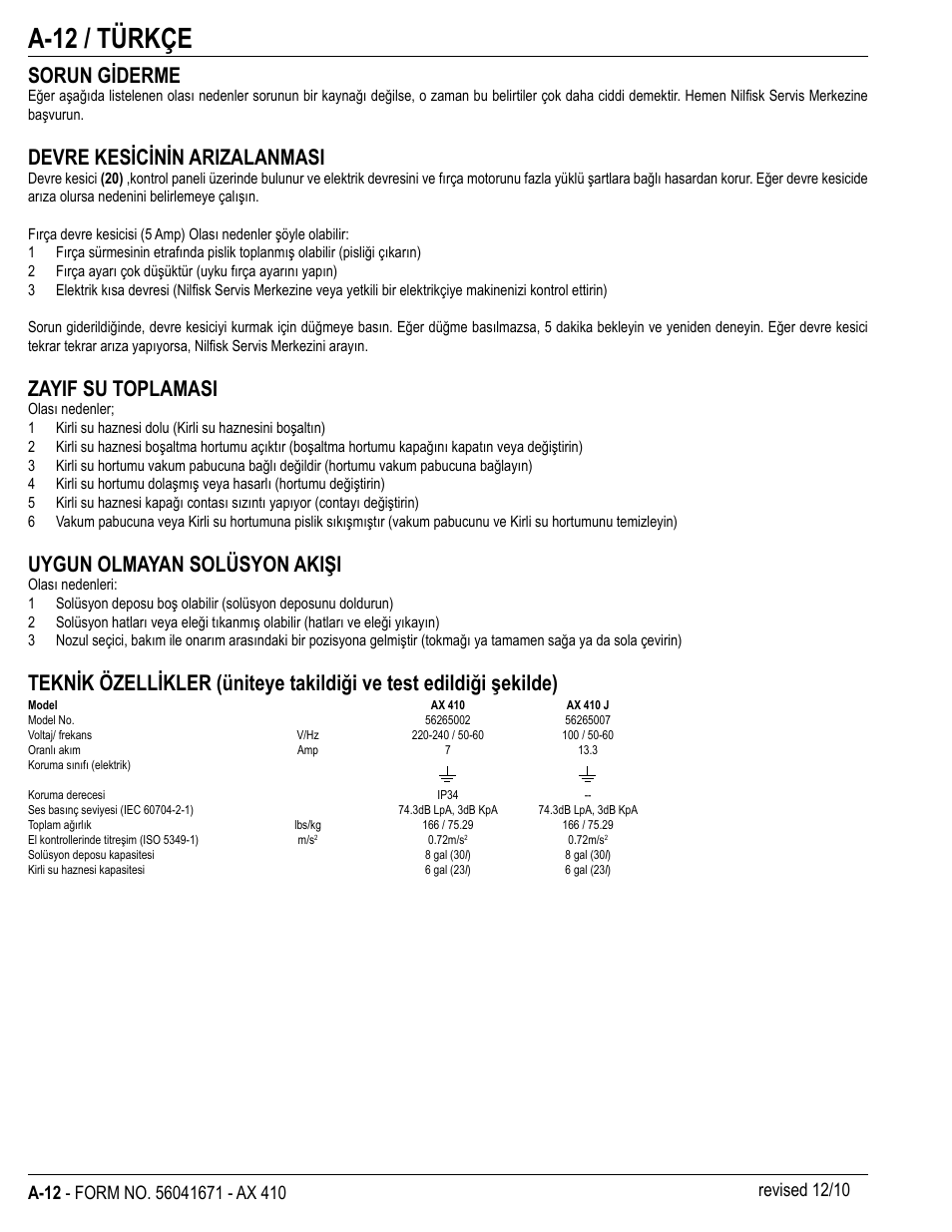 A-12 / türkçe, Sorun giderme, Devre kesicinin arizalanmasi | Zayif su toplamasi, Uygun olmayan solüsyon akişi, Revised 12/10 | Nilfisk-ALTO 56265002 User Manual | Page 12 / 28
