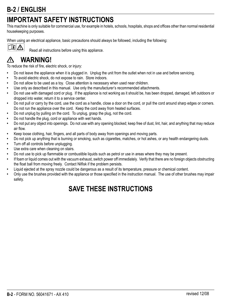 Important safety instructions, Warning, Save these instructions | B-2 / english | Nilfisk-ALTO 56265002 User Manual | Page 16 / 28