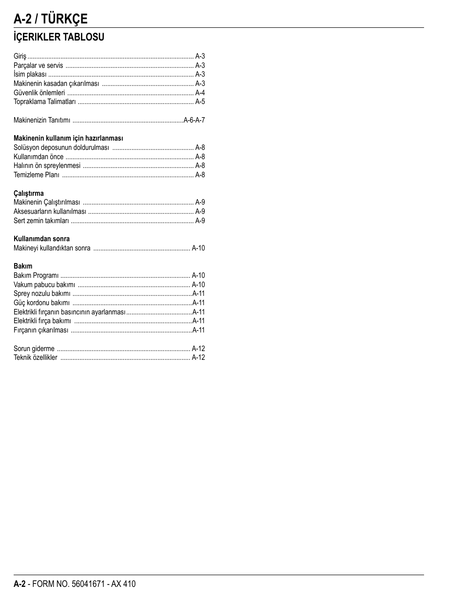 A-2 / türkçe, Içerikler tablosu | Nilfisk-ALTO 56265002 User Manual | Page 2 / 28