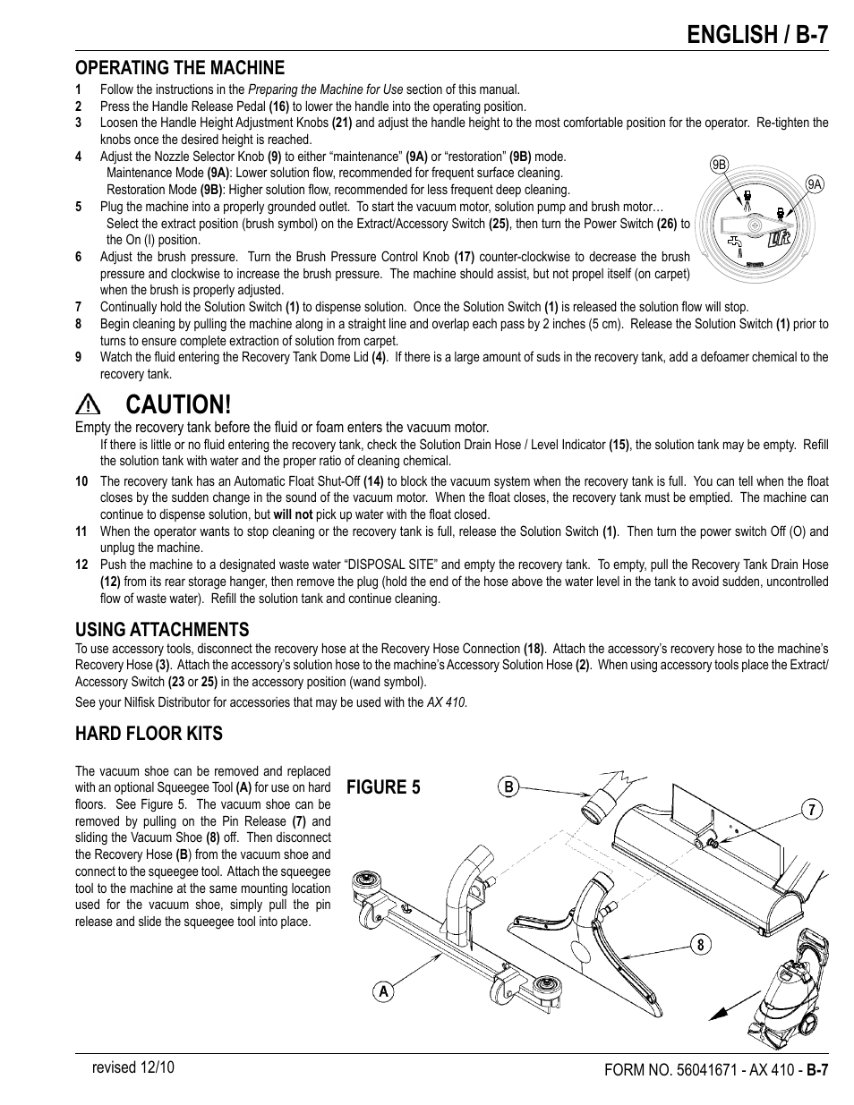 Caution, English / b-7, Operating the machine | Using attachments, Hard floor kits, Figure 5 | Nilfisk-ALTO 56265002 User Manual | Page 21 / 28