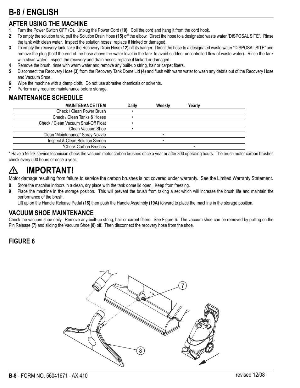 Important, B-8 / english, After using the machine | Maintenance schedule, Vacuum shoe maintenance, Figure 6 | Nilfisk-ALTO 56265002 User Manual | Page 22 / 28