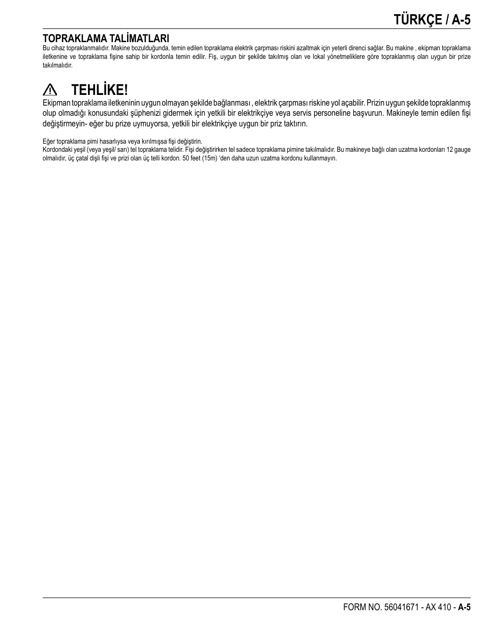 Tehlike, Türkçe / a-5 | Nilfisk-ALTO 56265002 User Manual | Page 5 / 28