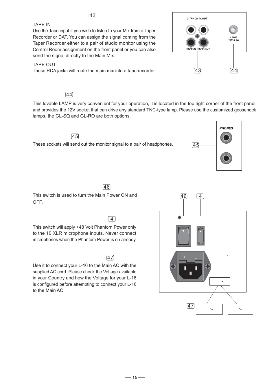 Track in/out, Phones - lamp, 12 rear panel description | Phantom on/off switch | Nilfisk-ALTO L-16 User Manual | Page 16 / 34