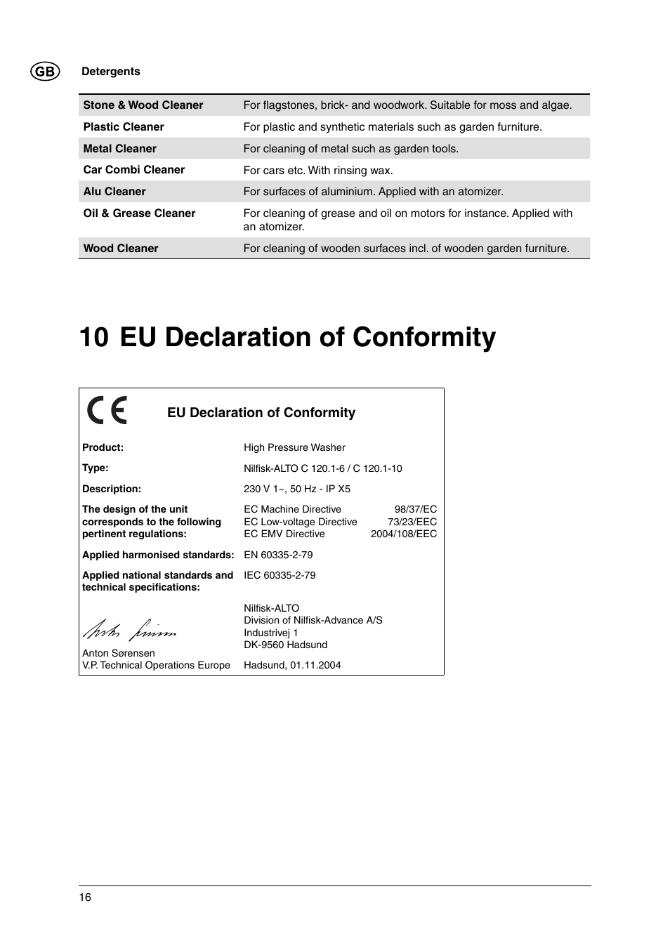 10 eu declaration of conformity | Nilfisk-ALTO C 120.1 User Manual | Page 16 / 18