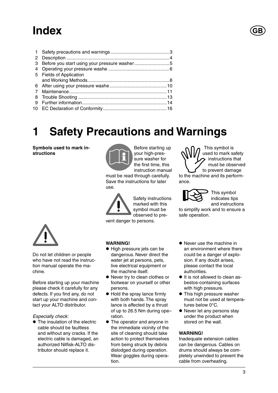 Index, 1 safety precautions and warnings | Nilfisk-ALTO C 120.1 User Manual | Page 3 / 18