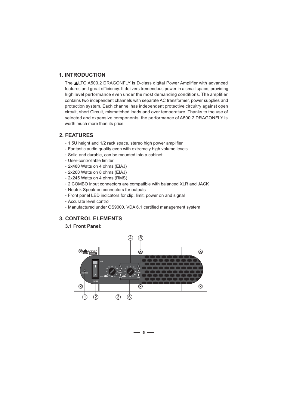 Introduction, Features 3. control elements, 1 front panel | Nilfisk-ALTO A500.2 User Manual | Page 6 / 10