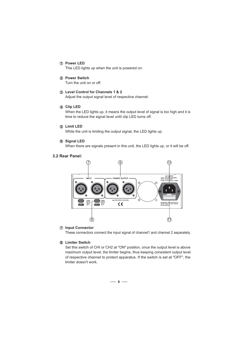 2 : rear panel, Power switch turn the unit on or off | Nilfisk-ALTO A500.2 User Manual | Page 7 / 10