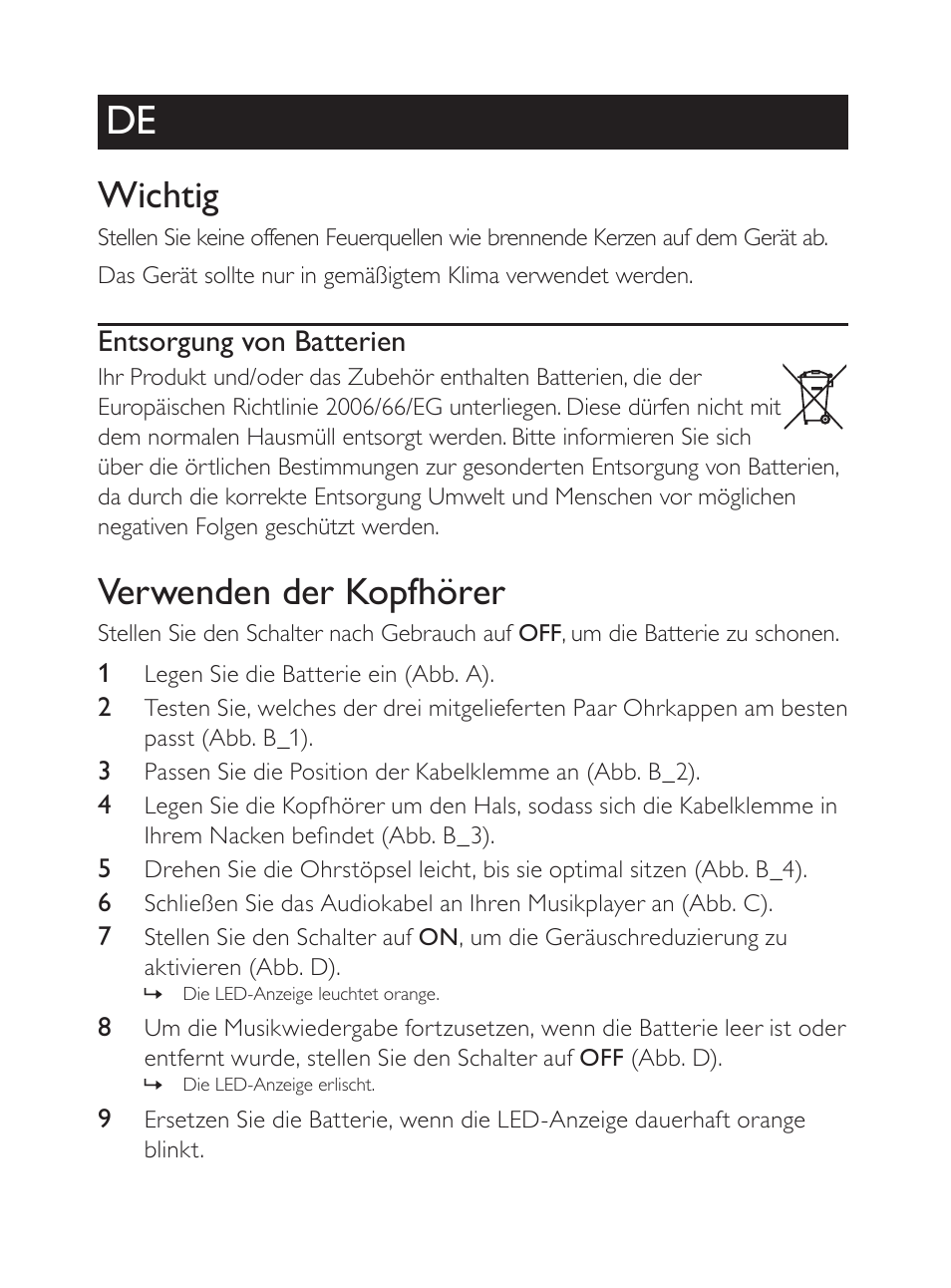 Wichtig, Verwenden der kopfhörer, Entsorgung von batterien | Philips Kopfhörer mit Geräuschunterdrückung User Manual | Page 3 / 4