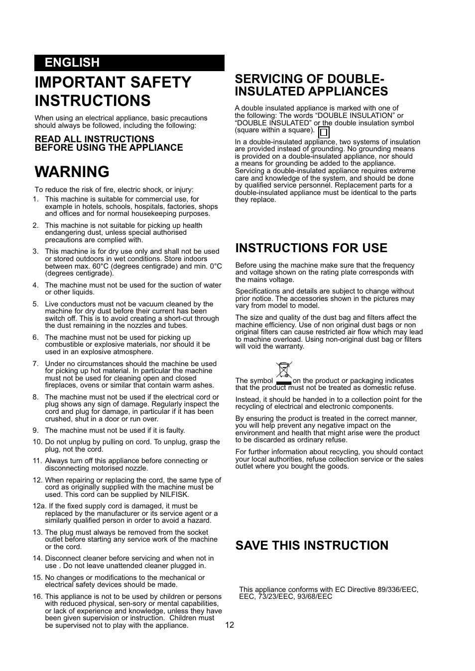 Important safety instructions, Warning, Instructions for use | English, Servicing of double- insulated appliances, Save this instruction | Nilfisk-ALTO GD 5 Back User Manual | Page 12 / 62
