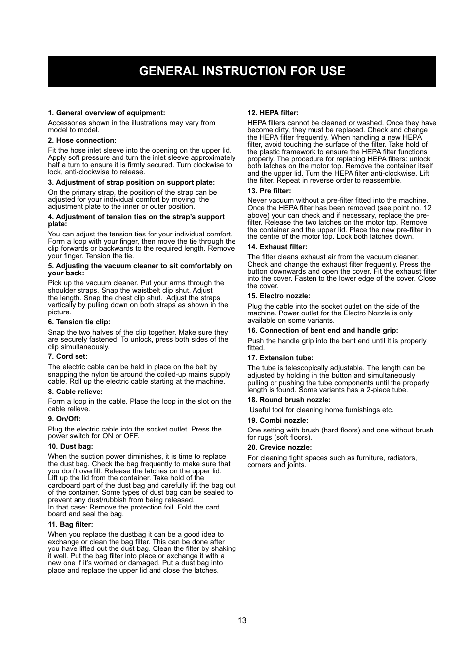 General instruction for use | Nilfisk-ALTO GD 5 Back User Manual | Page 13 / 62