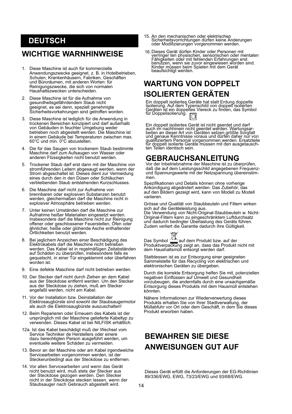 Wichtige warnhinweise, Deutsch, Wartung von doppelt isolierten geräten | Gebrauchsanleitung, Bewahren sie diese anweisungen gut auf | Nilfisk-ALTO GD 5 Back User Manual | Page 14 / 62
