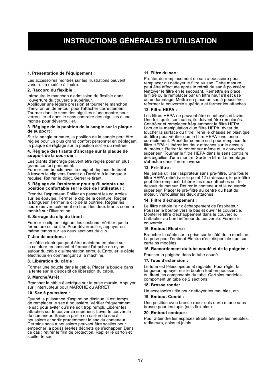 Instructions générales d’utilisation | Nilfisk-ALTO GD 5 Back User Manual | Page 17 / 62