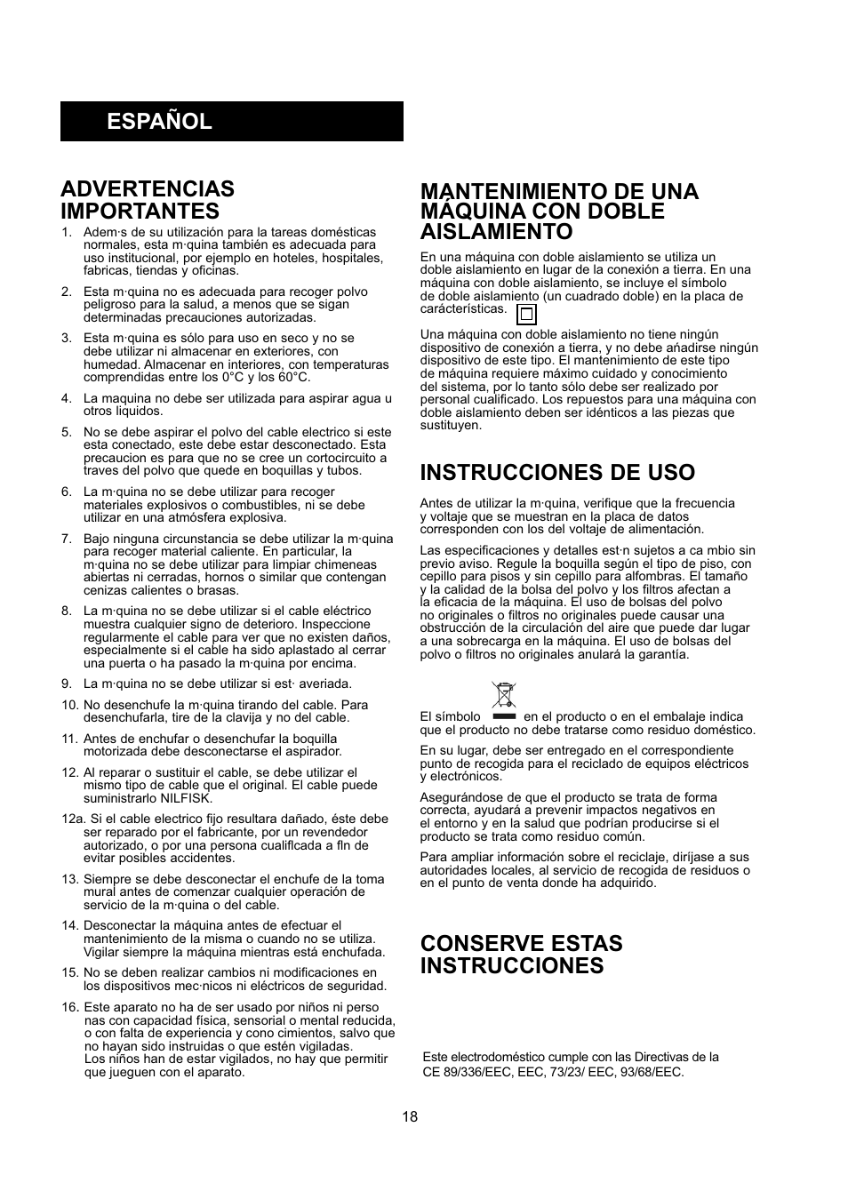 Español instrucciones de uso, Mantenimiento de una máquina con doble aislamiento | Nilfisk-ALTO GD 5 Back User Manual | Page 18 / 62